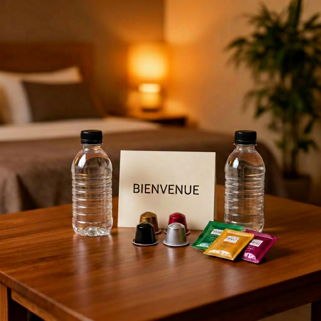 Kit d'accueil Essentiel MAKONEST : serviette, savon, dosettes café et thé, eau, carte de bienvenue