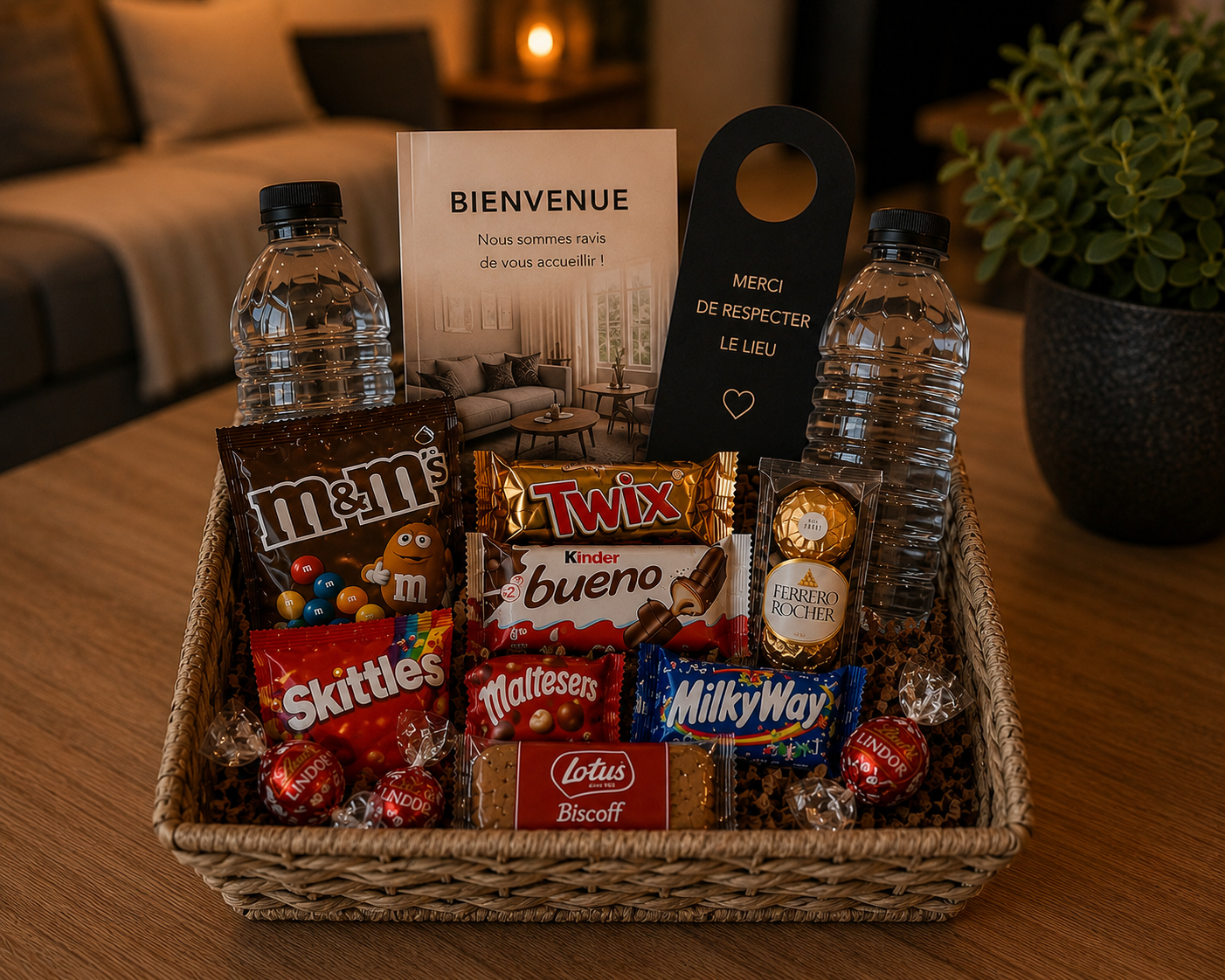 Kit d'accueil Premium MAKONEST : panier gourmand avec sélection de chocolats et confiseries (M&M's, Twix, Kinder Bueno, Ferrero Rocher, Lindor, Maltesers, Milky Way, Skittles, Lotus Biscoff), eaux minérales, carte de bienvenue et étiquette de porte