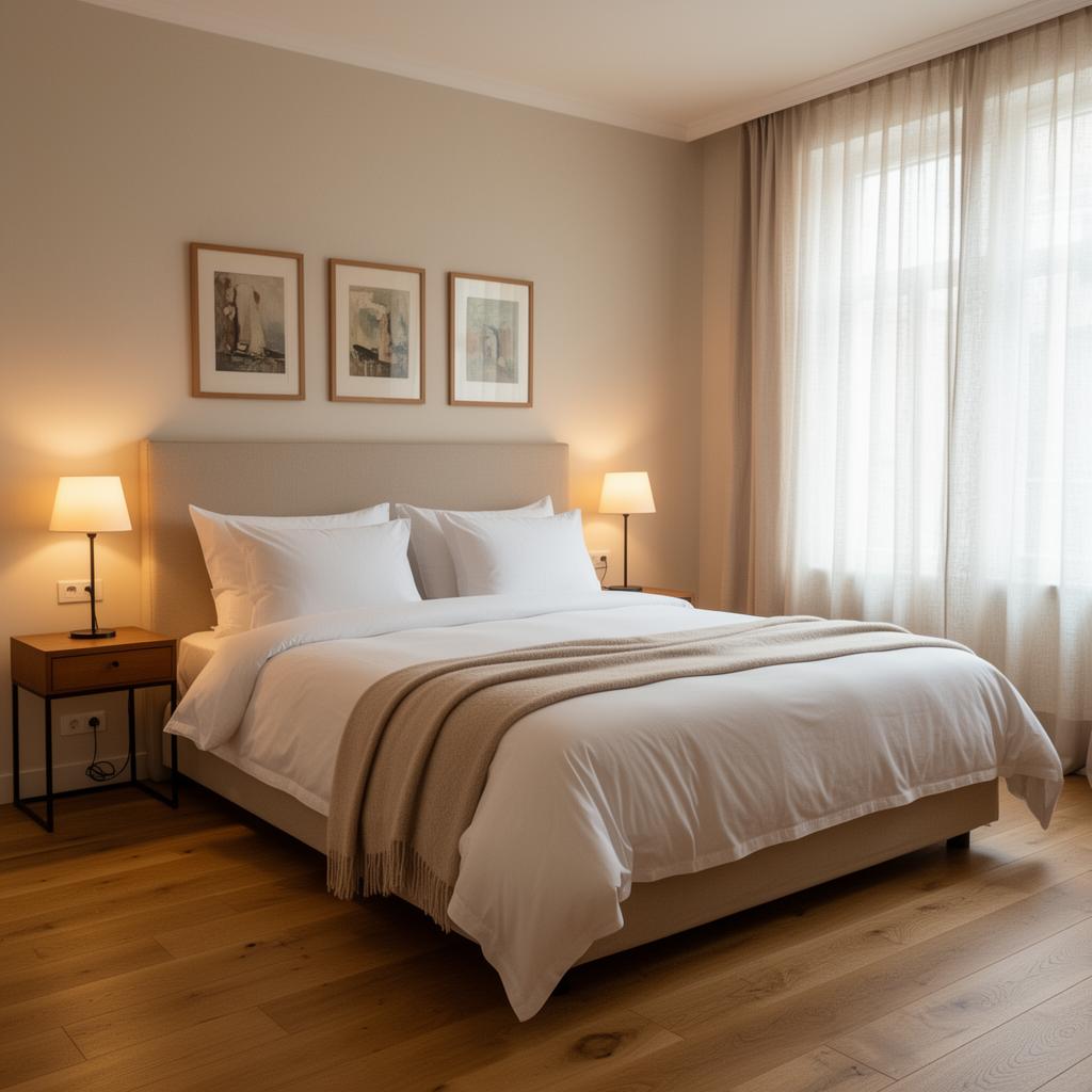 Chambre style hôtelier avec linge blanc impeccable