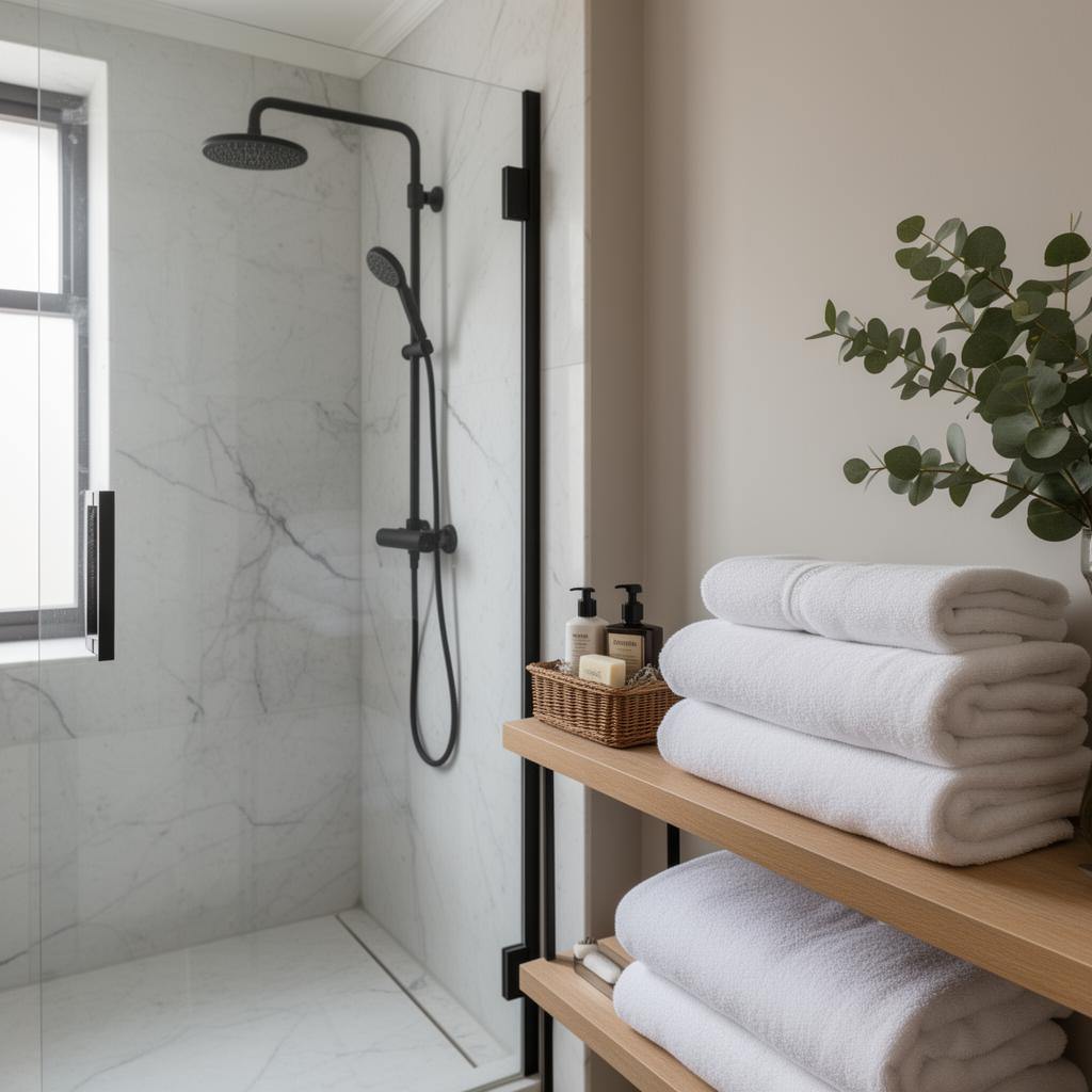 Salle de bain avec linge plié et produits d'accueil