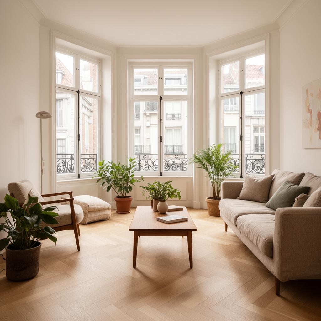 Salon lumineux d'un appartement bruxellois géré par MAKONEST