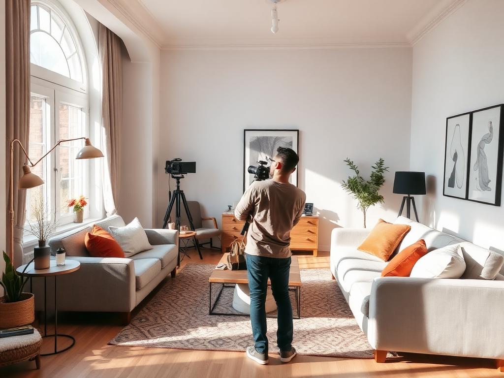 Photographe professionnel préparant un logement pour la mise en location